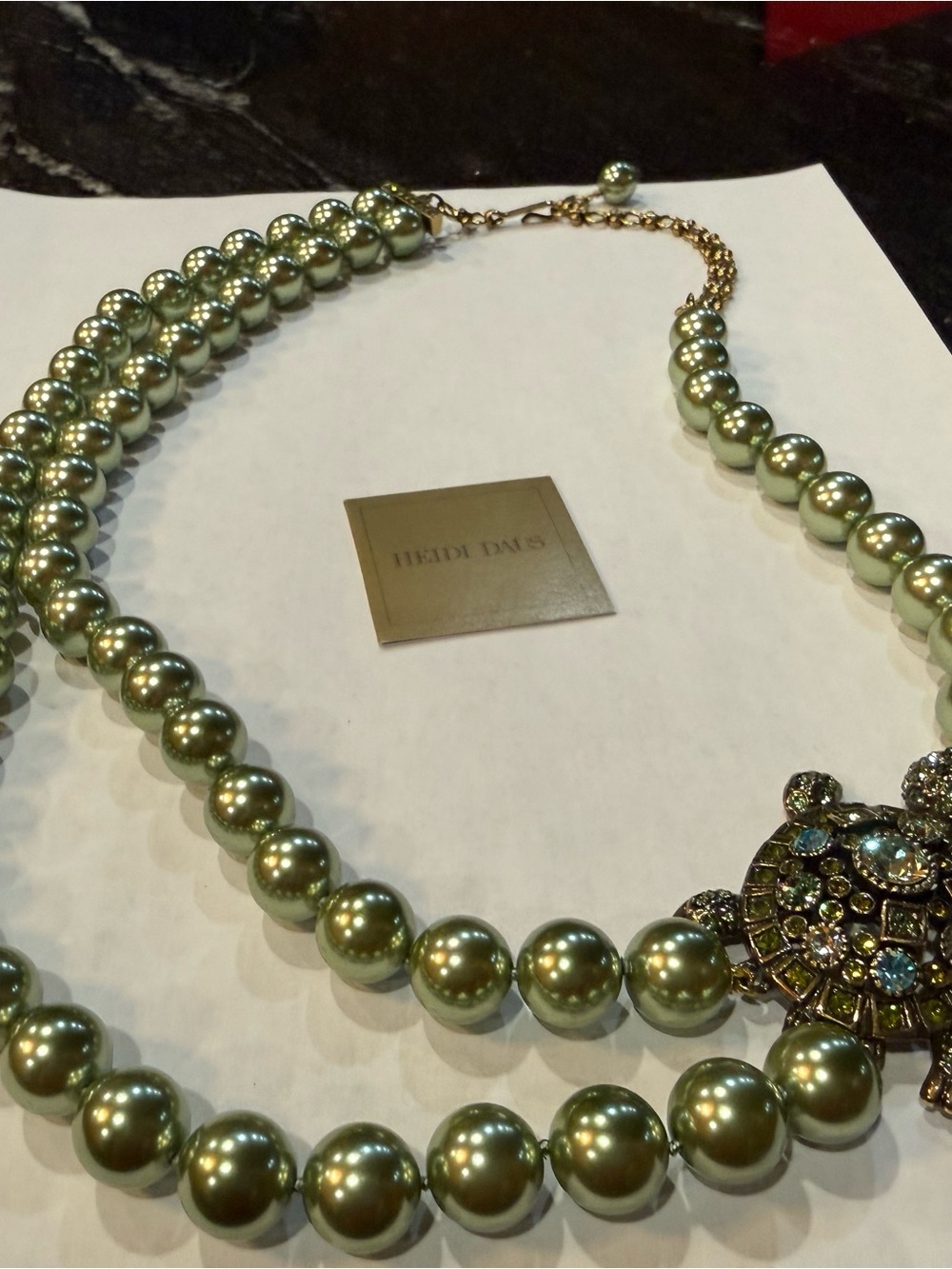 Heidi Daus Olive-Green Pearl Strand Necklace with Jeweled Medallion